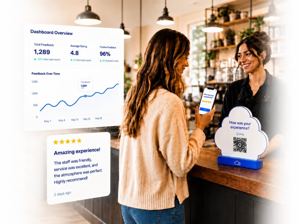 Customer using Karma Clouds review flow in a cafe.